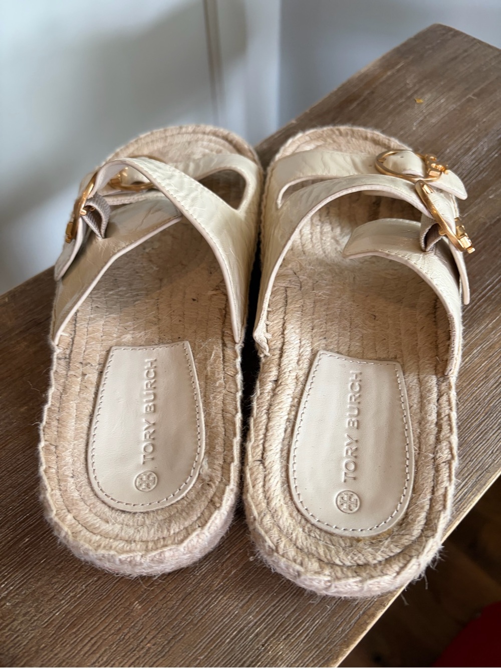 Tory Burch Selby Two Band Espadrille Slides oat gold Leather Size 7 Buckles - Picture 4 of 7
